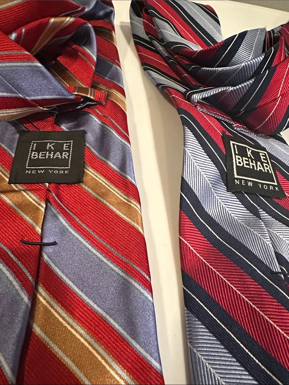 Ike Behar Red, Blue & Gold Striped Silk Ties - Pair